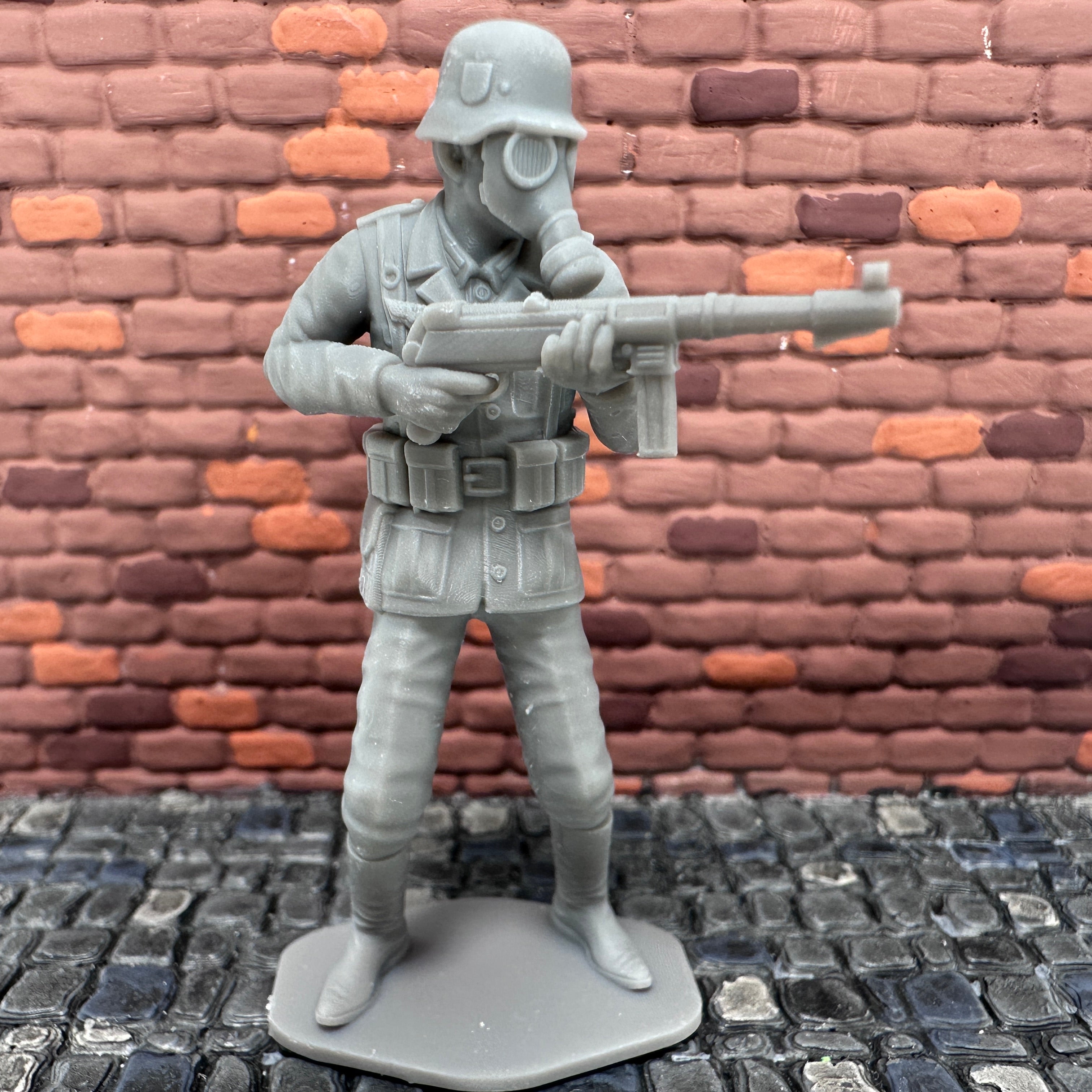 German with Gas Mask Shooting Sub Machine Gun